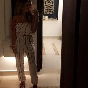 white/red ruffle strapless top pant set 
top size medium
bottoms size small